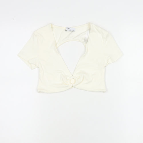 Bershka Women Ivory Cropped V-Neck Cut Out Slim T-Shirt M