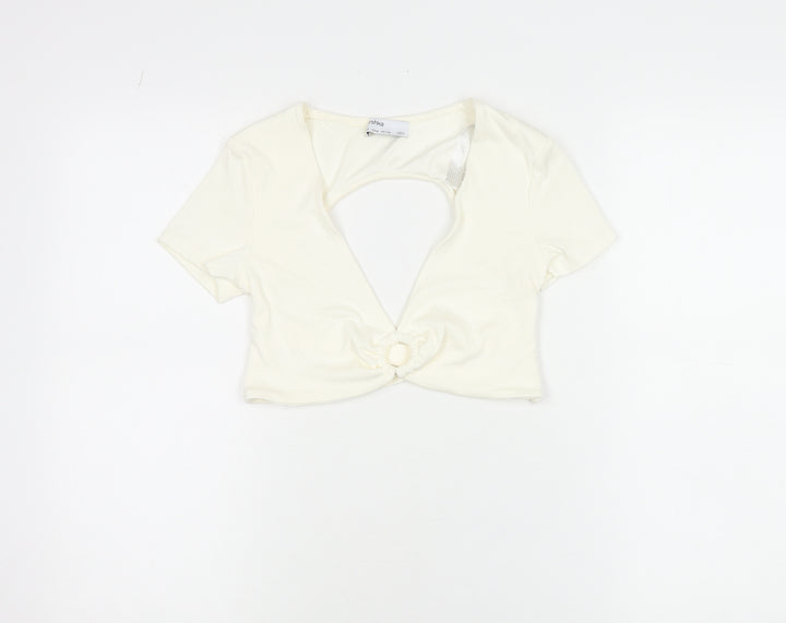 Bershka Women Ivory Cropped V-Neck Cut Out Slim T-Shirt M