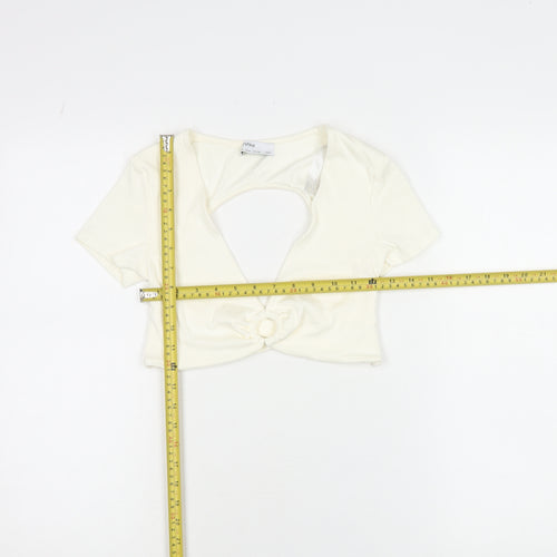 Bershka Women Ivory Cropped V-Neck Cut Out Slim T-Shirt M
