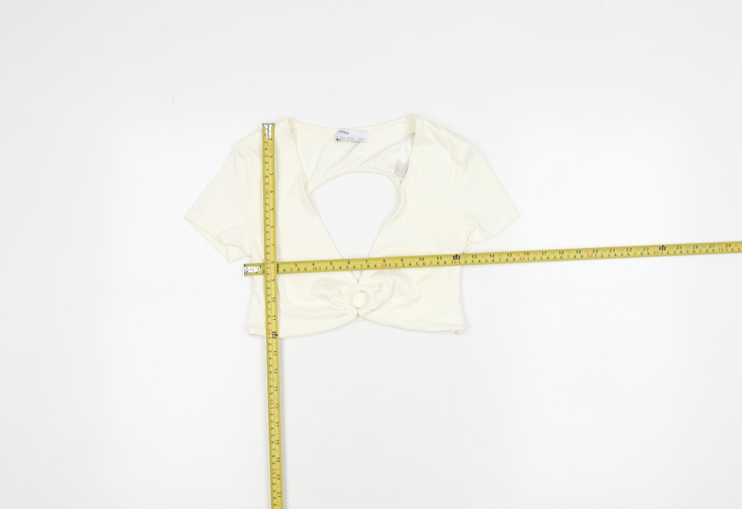 Bershka Women Ivory Cropped V-Neck Cut Out Slim T-Shirt M