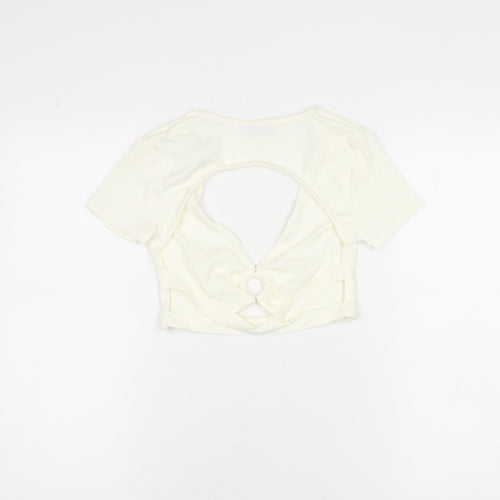 Bershka Women Ivory Cropped V-Neck Cut Out Slim T-Shirt M