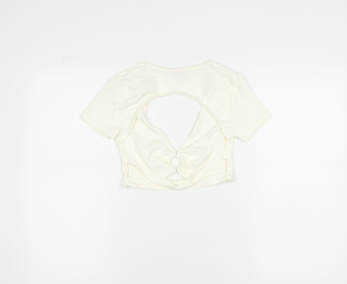 Bershka Women Ivory Cropped V-Neck Cut Out Slim T-Shirt M