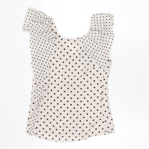Warehouse Women’s Beige Polka Dot Chiffon Blouse UK 8 Classic Scoop Neck
