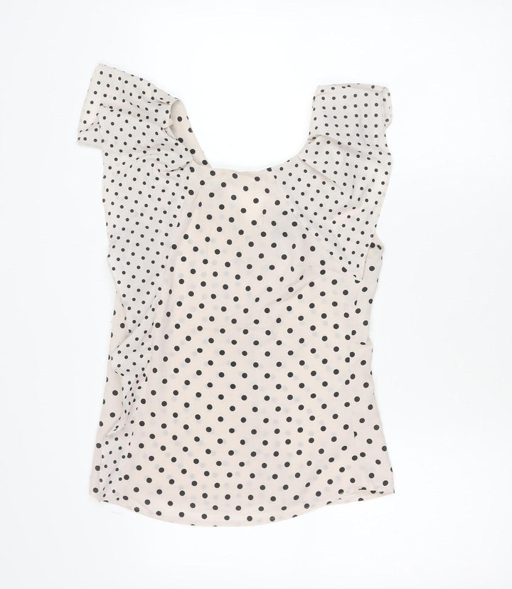 Warehouse Women’s Beige Polka Dot Chiffon Blouse UK 8 Classic Scoop Neck