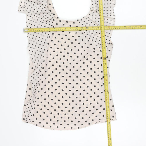 Warehouse Women’s Beige Polka Dot Chiffon Blouse UK 8 Classic Scoop Neck