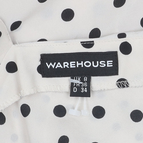 Warehouse Women’s Beige Polka Dot Chiffon Blouse UK 8 Classic Scoop Neck
