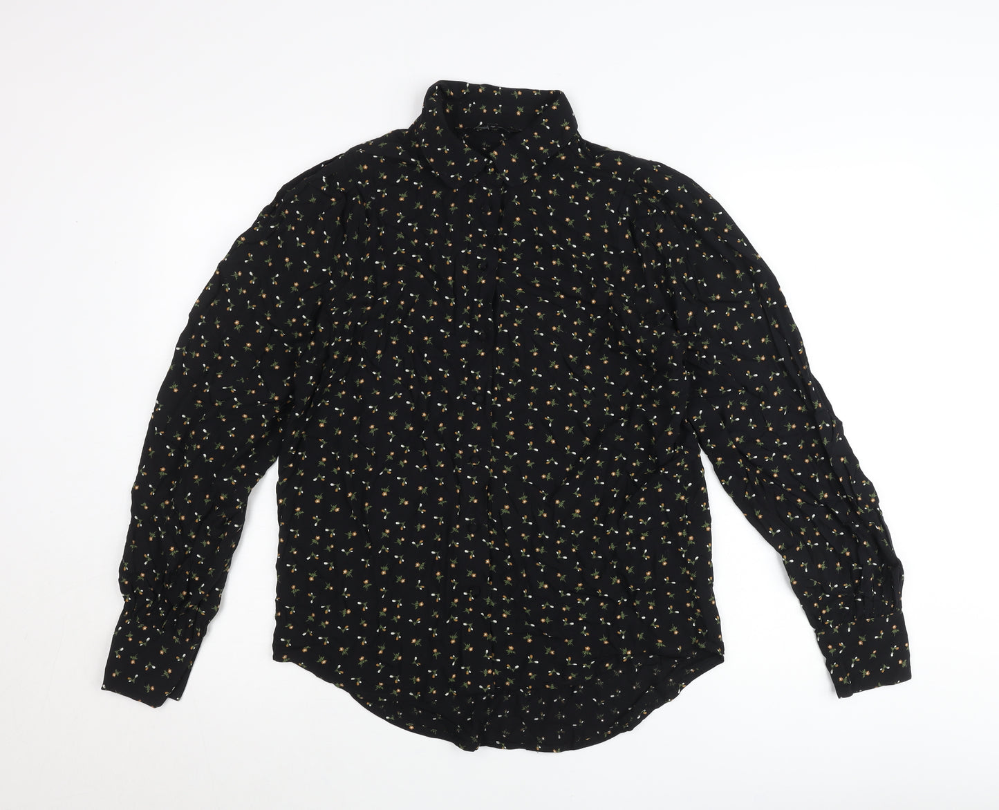 Next Womens Black Floral Button-Up Tunic Shirt Size 8 Long Sleeve