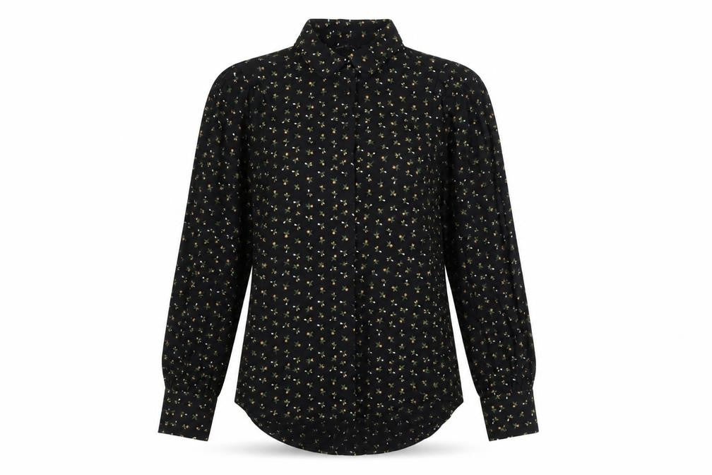 Front view of Next women’s black floral button-up tunic shirt, size UK 8, long sleeve
