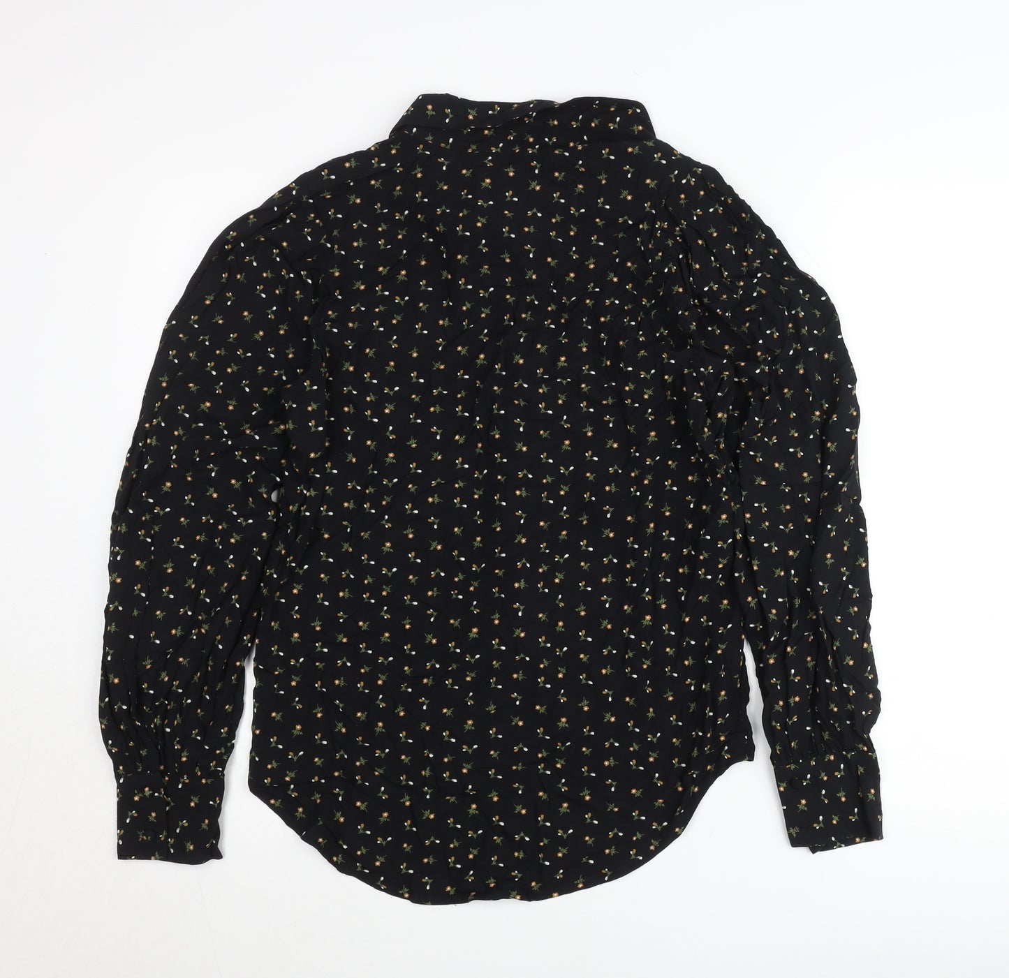 Next Womens Black Floral Button-Up Tunic Shirt Size 8 Long Sleeve