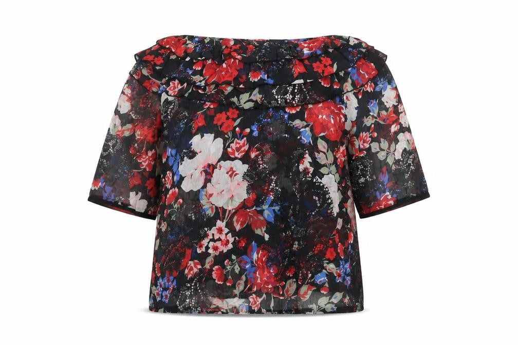 Front view of Next women’s multicoloured floral off shoulder ruffle blouse, size UK 14