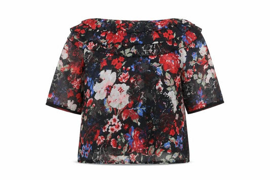 Front view of Next women’s multicoloured floral off shoulder ruffle blouse, size UK 14