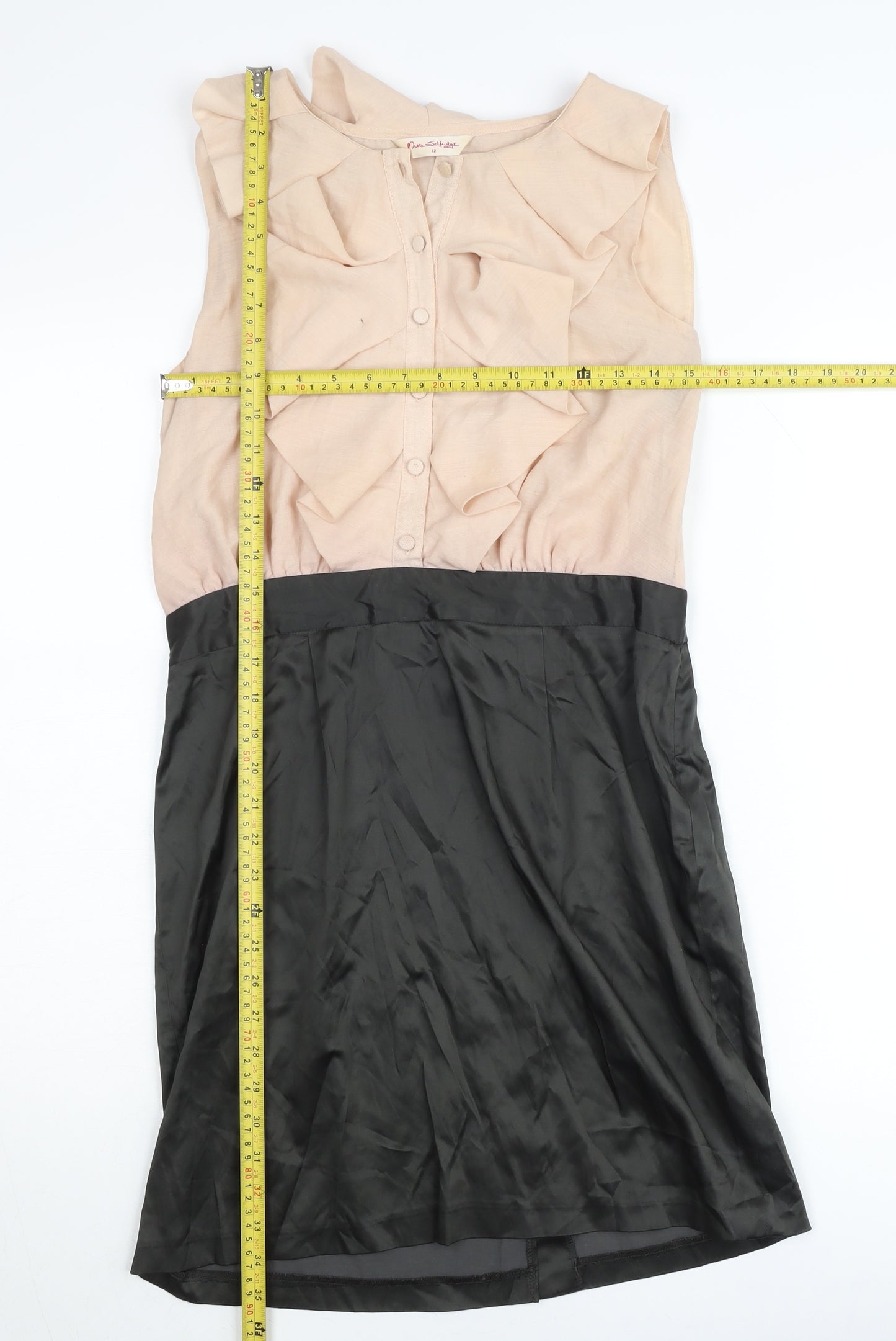 Miss Selfridge Women Beige Black Ruffle Sheath Dress Size 12