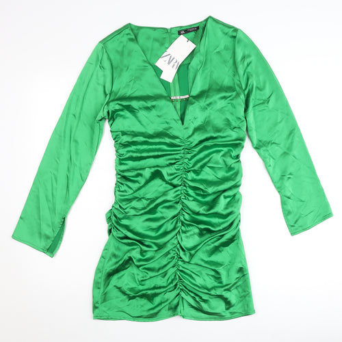Zara Women’s Green Satin Bodycon Mini Dress M Long Sleeve Party