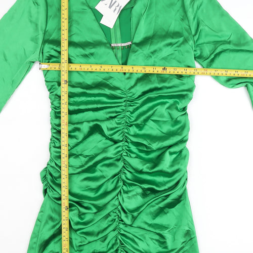 Zara Women’s Green Satin Bodycon Mini Dress M Long Sleeve Party