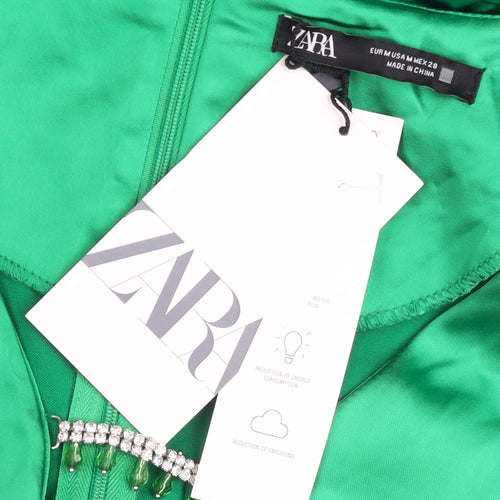 Zara Women’s Green Satin Bodycon Mini Dress M Long Sleeve Party