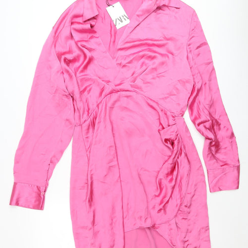 Zara Women Pink 2XL Satin Wrap Dress Long Sleeve Ruched Party