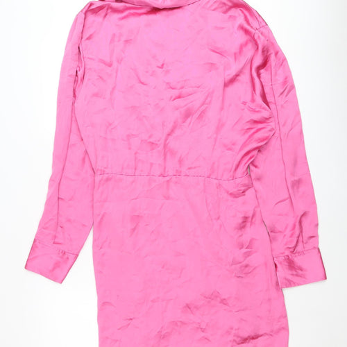 Zara Women Pink 2XL Satin Wrap Dress Long Sleeve Ruched Party