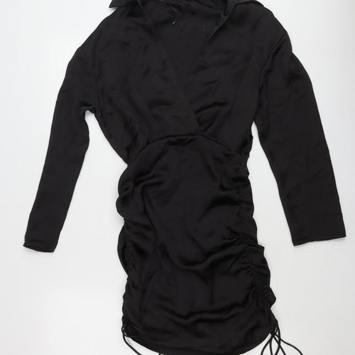 Zara Womens Black XS Wrap Mini Dress Ruched Long Sleeve Party