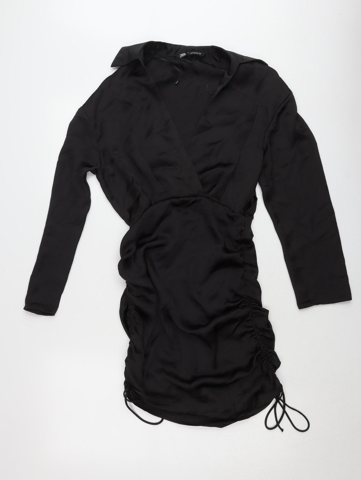 Zara Womens Black XS Wrap Mini Dress Ruched Long Sleeve Party