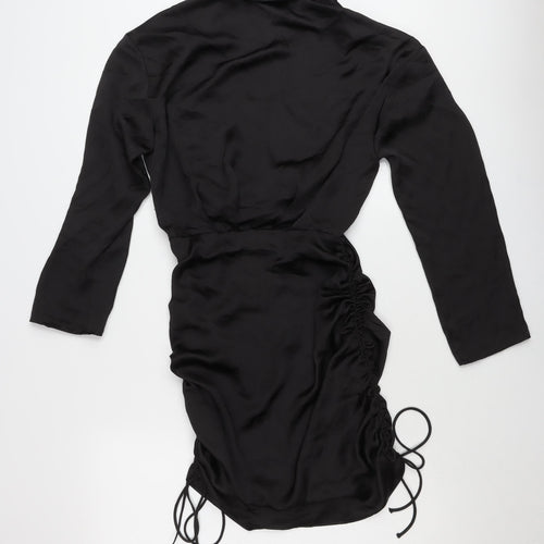 Zara Womens Black XS Wrap Mini Dress Ruched Long Sleeve Party