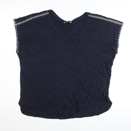 Monsoon Womens Blue Linen Embroidered V-Neck T-Shirt L