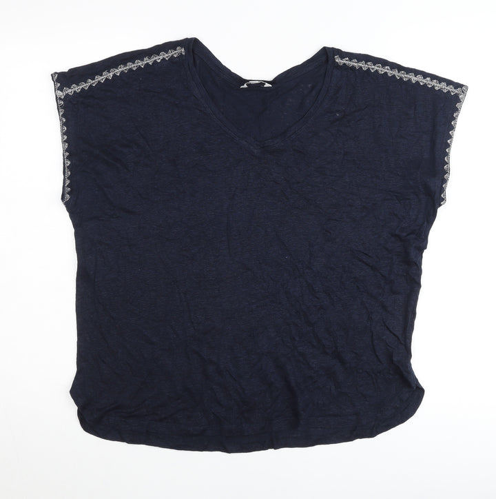 Monsoon Womens Blue Linen Embroidered V-Neck T-Shirt L