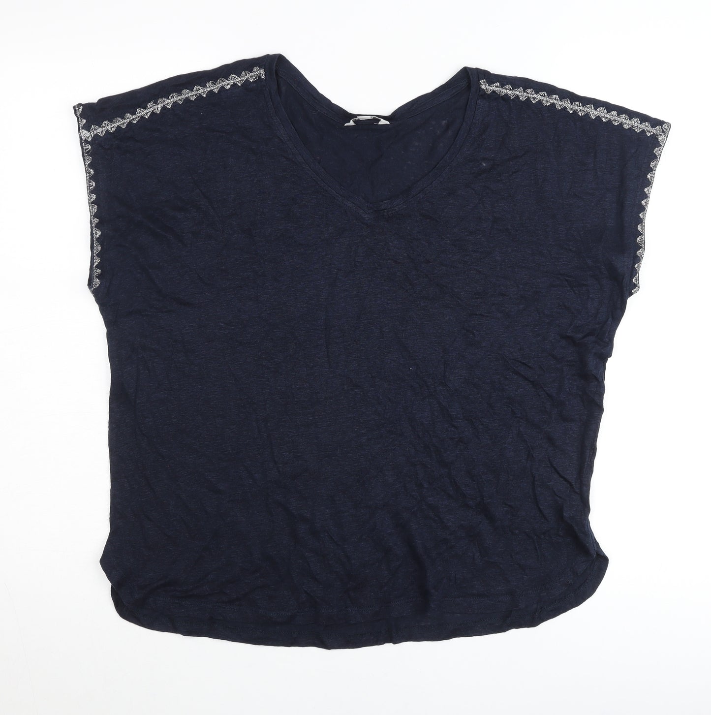 Monsoon Womens Blue Linen Embroidered V-Neck T-Shirt L