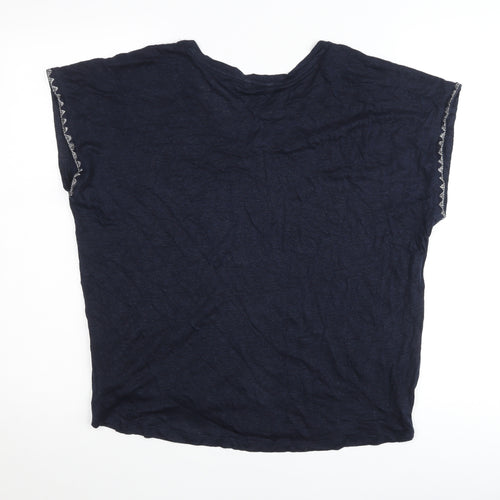 Monsoon Womens Blue Linen Embroidered V-Neck T-Shirt L