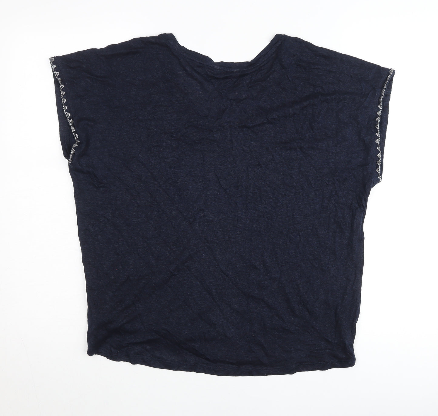 Monsoon Womens Blue Linen Embroidered V-Neck T-Shirt L