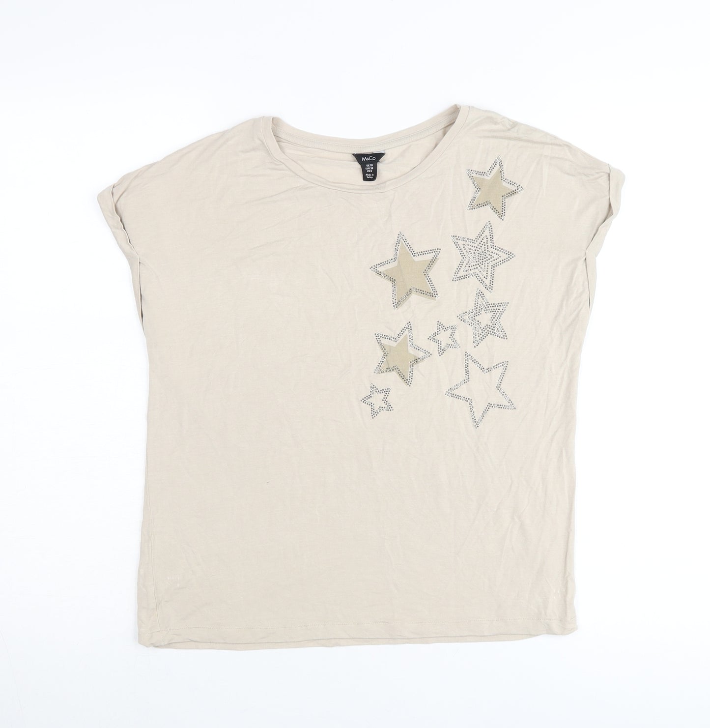 M&Co Women’s Beige Star Rhinestone T-Shirt UK 10 Short Sleeve