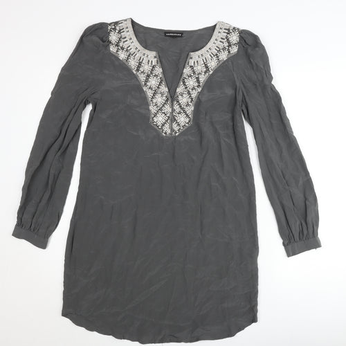 Warehouse Women’s Grey Silk Shift Dress UK 12 Long Sleeve V-Neck Embroidered