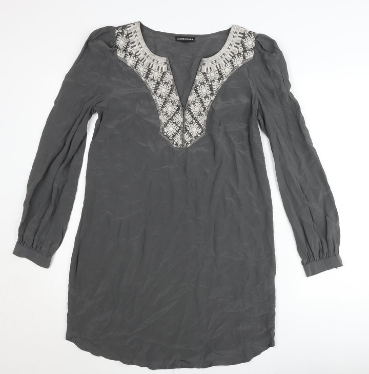 Warehouse Women’s Grey Silk Shift Dress UK 12 Long Sleeve V-Neck Embroidered