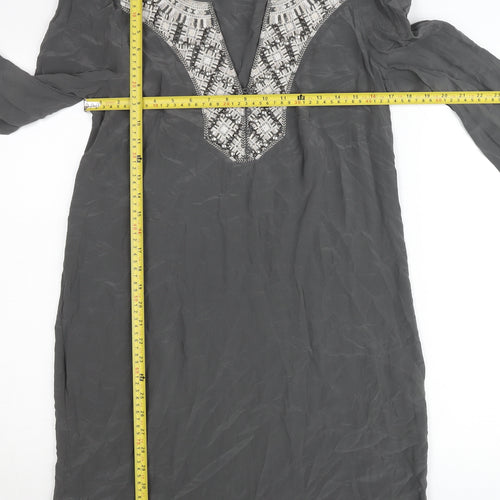 Warehouse Women’s Grey Silk Shift Dress UK 12 Long Sleeve V-Neck Embroidered