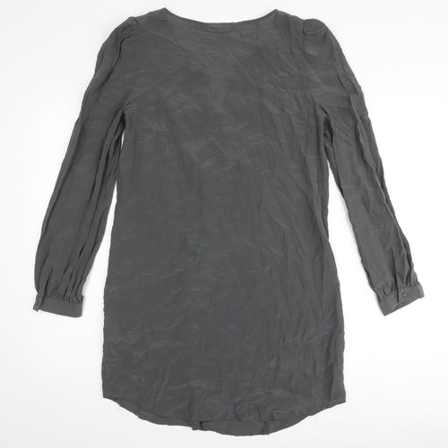 Warehouse Women’s Grey Silk Shift Dress UK 12 Long Sleeve V-Neck Embroidered