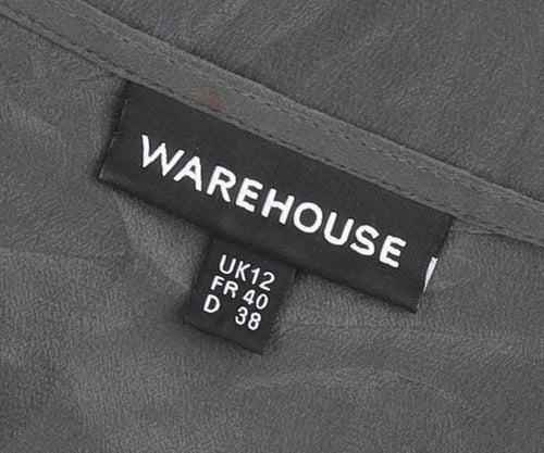 Warehouse Women’s Grey Silk Shift Dress UK 12 Long Sleeve V-Neck Embroidered