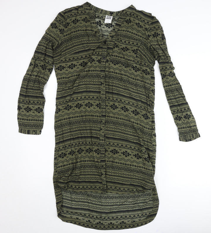 Vero Moda Women Green Tribal Shirt Dress M Long Sleeve Boho Casual