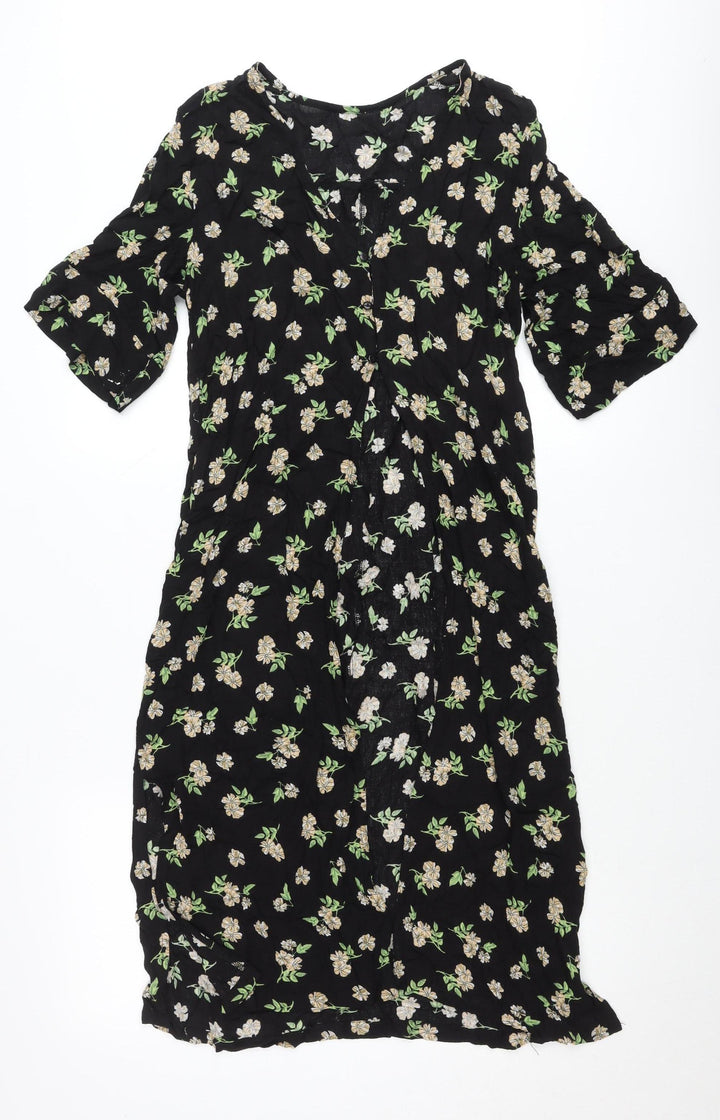 Atmosphere Women Black Floral Shift Dress Size 10 V-Neck Short Sleeve