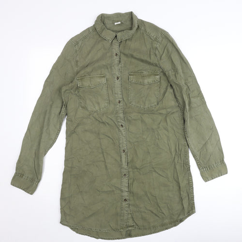H&M Women Green Shirt Dress Size 10 Lyocell Collared Long Sleeve