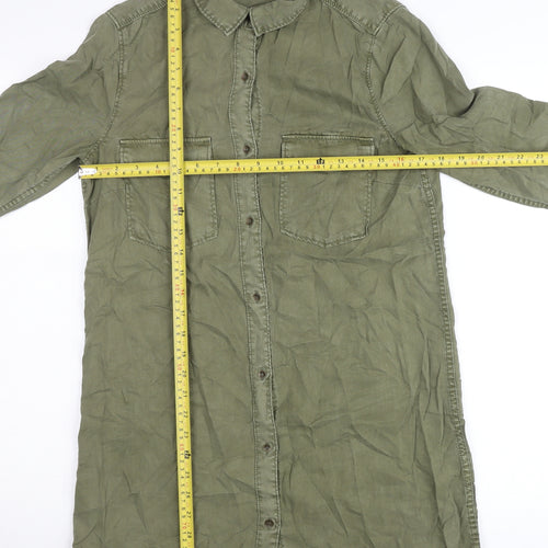 H&M Women Green Shirt Dress Size 10 Lyocell Collared Long Sleeve
