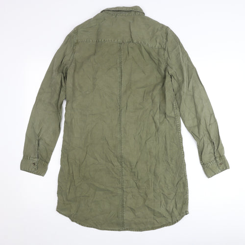 H&M Women Green Shirt Dress Size 10 Lyocell Collared Long Sleeve