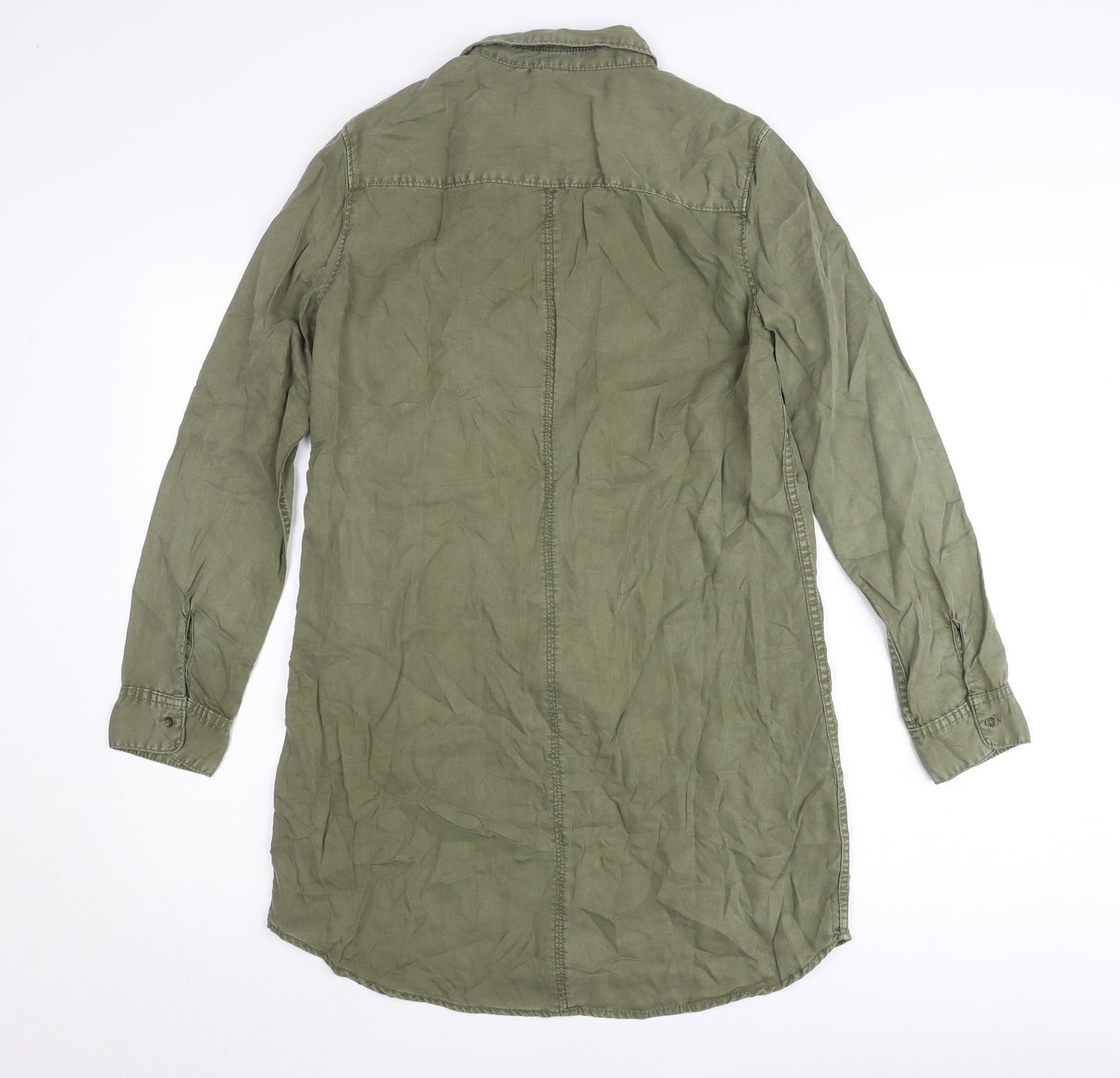 H&M Women Green Shirt Dress Size 10 Lyocell Collared Long Sleeve