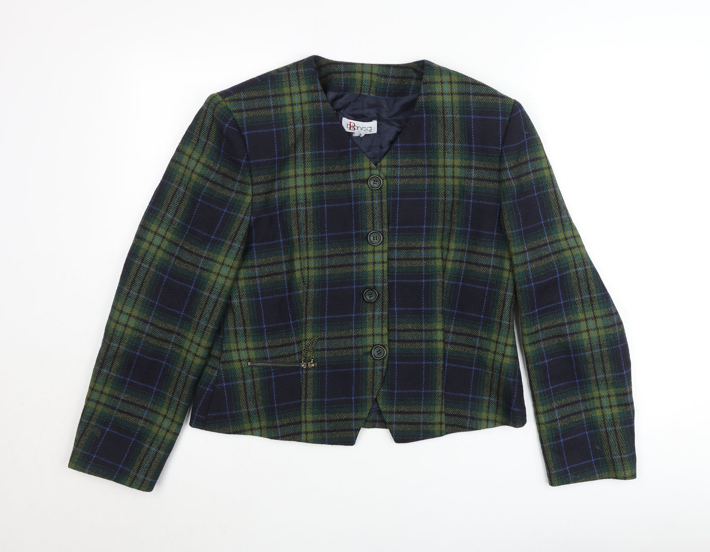 Bianca Womens Green Checked Wool Blend Blazer Jacket Size 10