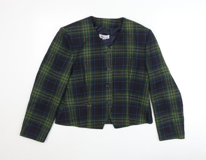 Bianca Womens Green Checked Wool Blend Blazer Jacket Size 10