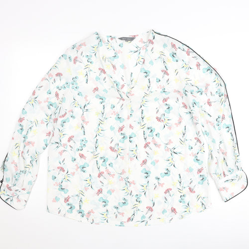 Principles Women’s White Floral Blouse Size 14 V-Neck Long Sleeve
