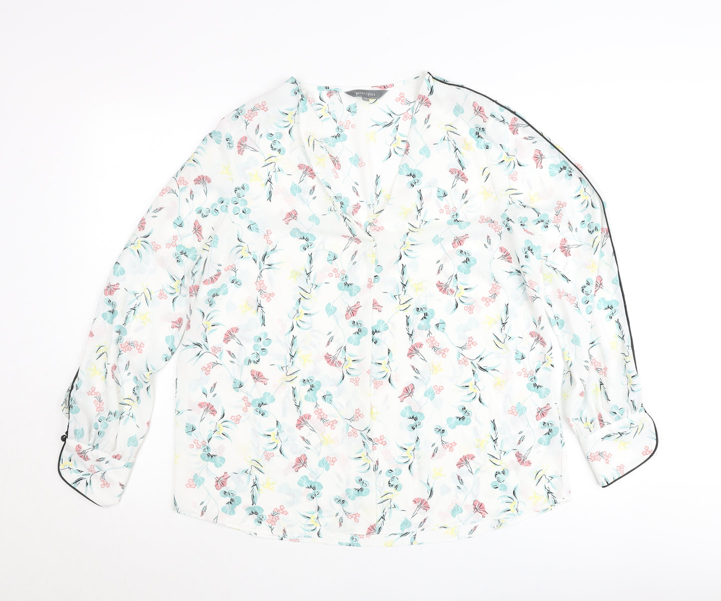 Principles Women’s White Floral Blouse Size 14 V-Neck Long Sleeve