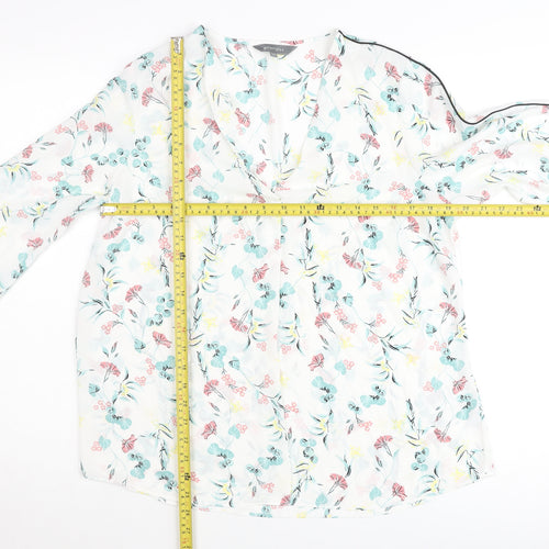 Principles Women’s White Floral Blouse Size 14 V-Neck Long Sleeve