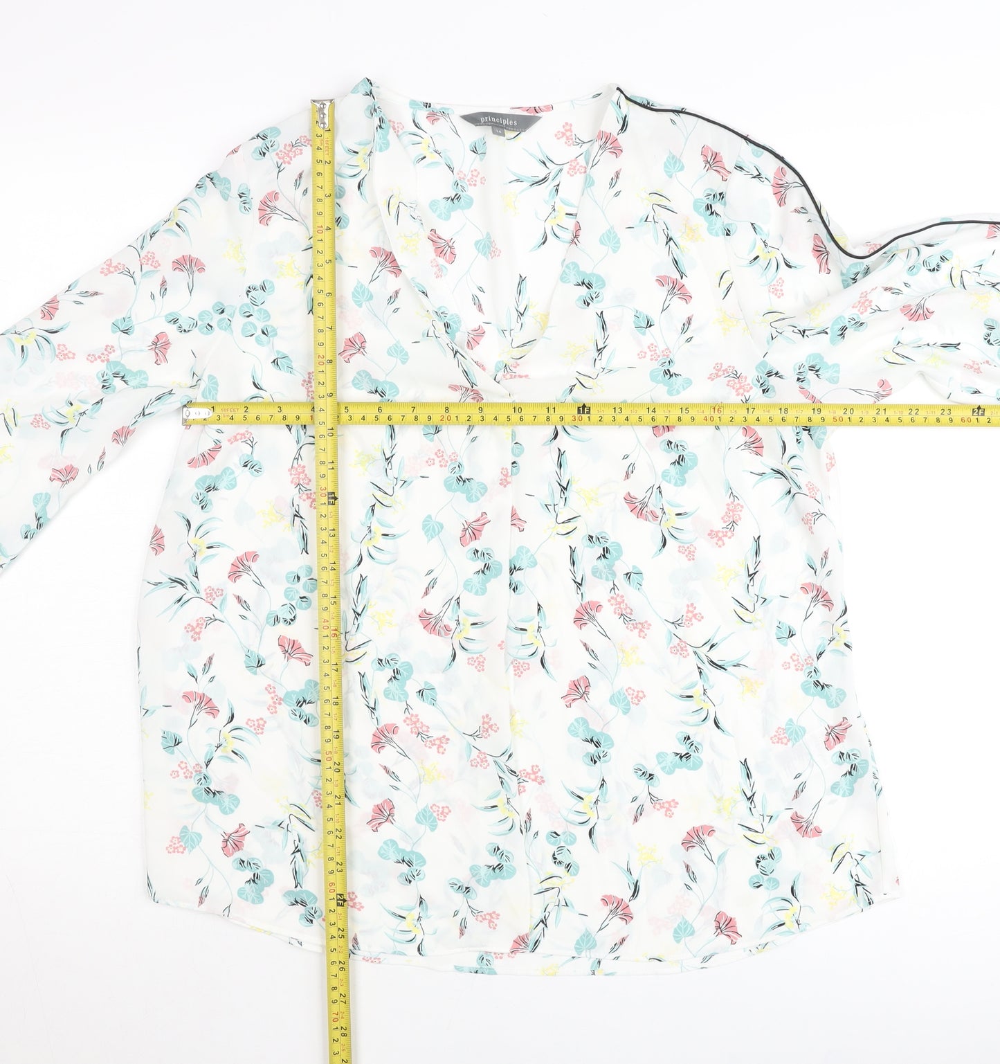 Principles Women’s White Floral Blouse Size 14 V-Neck Long Sleeve