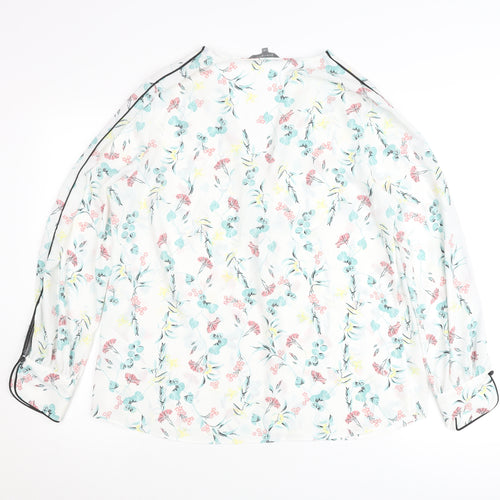 Principles Women’s White Floral Blouse Size 14 V-Neck Long Sleeve