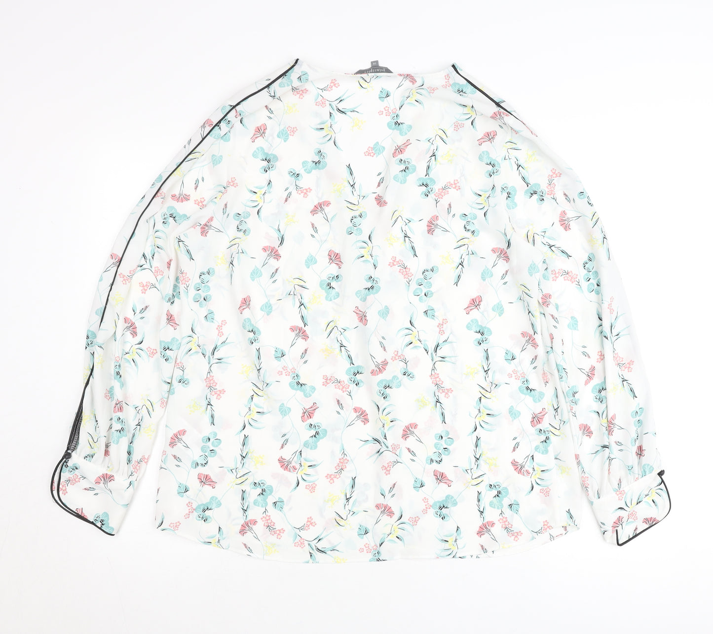 Principles Women’s White Floral Blouse Size 14 V-Neck Long Sleeve