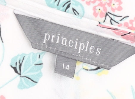 Principles Women’s White Floral Blouse Size 14 V-Neck Long Sleeve